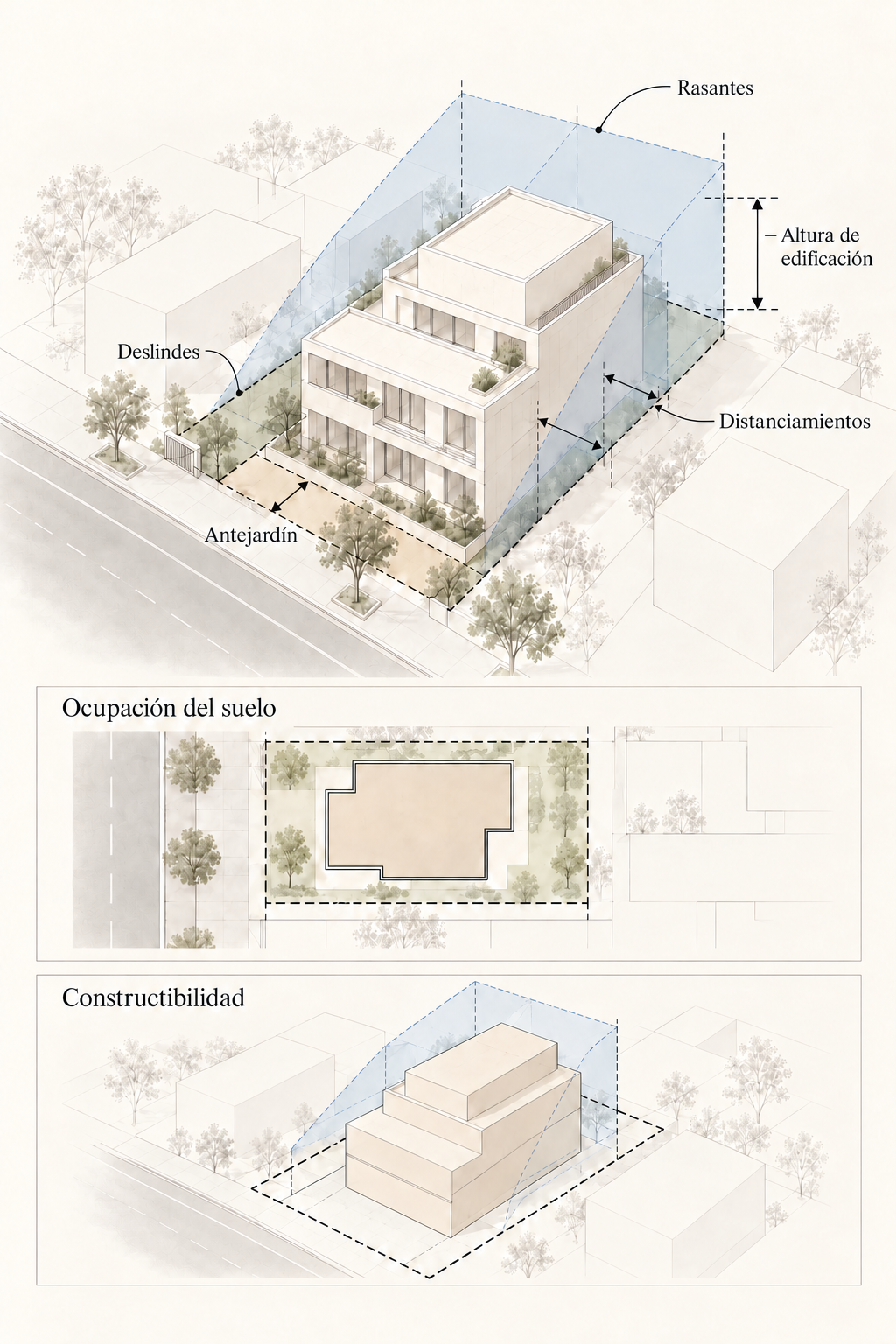 Estudio conceptual de cabida: rasantes, altura de edificación, deslindes, distanciamientos, antejardín, ocupación del suelo y constructibilidad